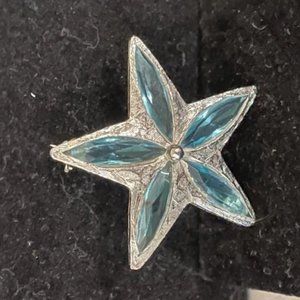 Silver and Blue Glass Star Flower Brooch Marked S.H.P. for Stanley Home Products